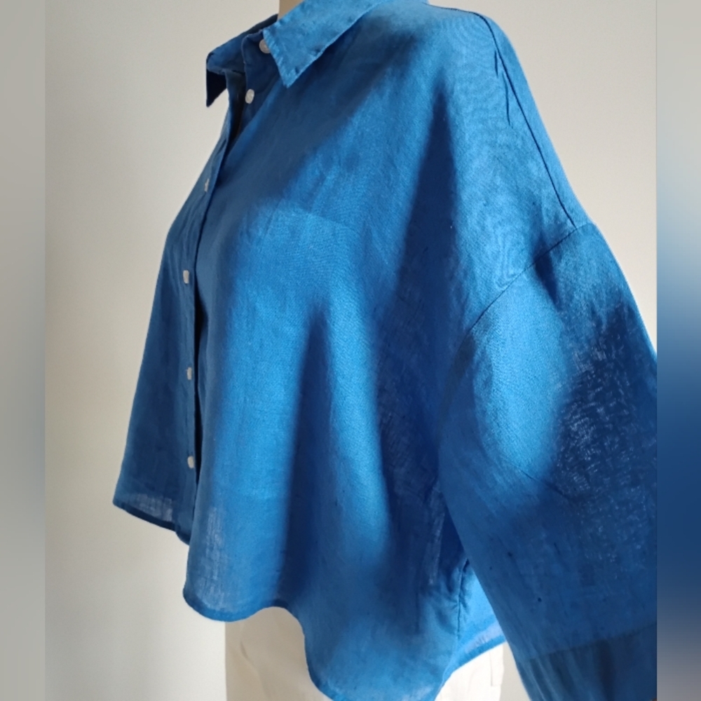 H&M Linen Oversized Swing Style Button Down Shirt Royal Blue Minimalist Size Med - Picture 6 of 14